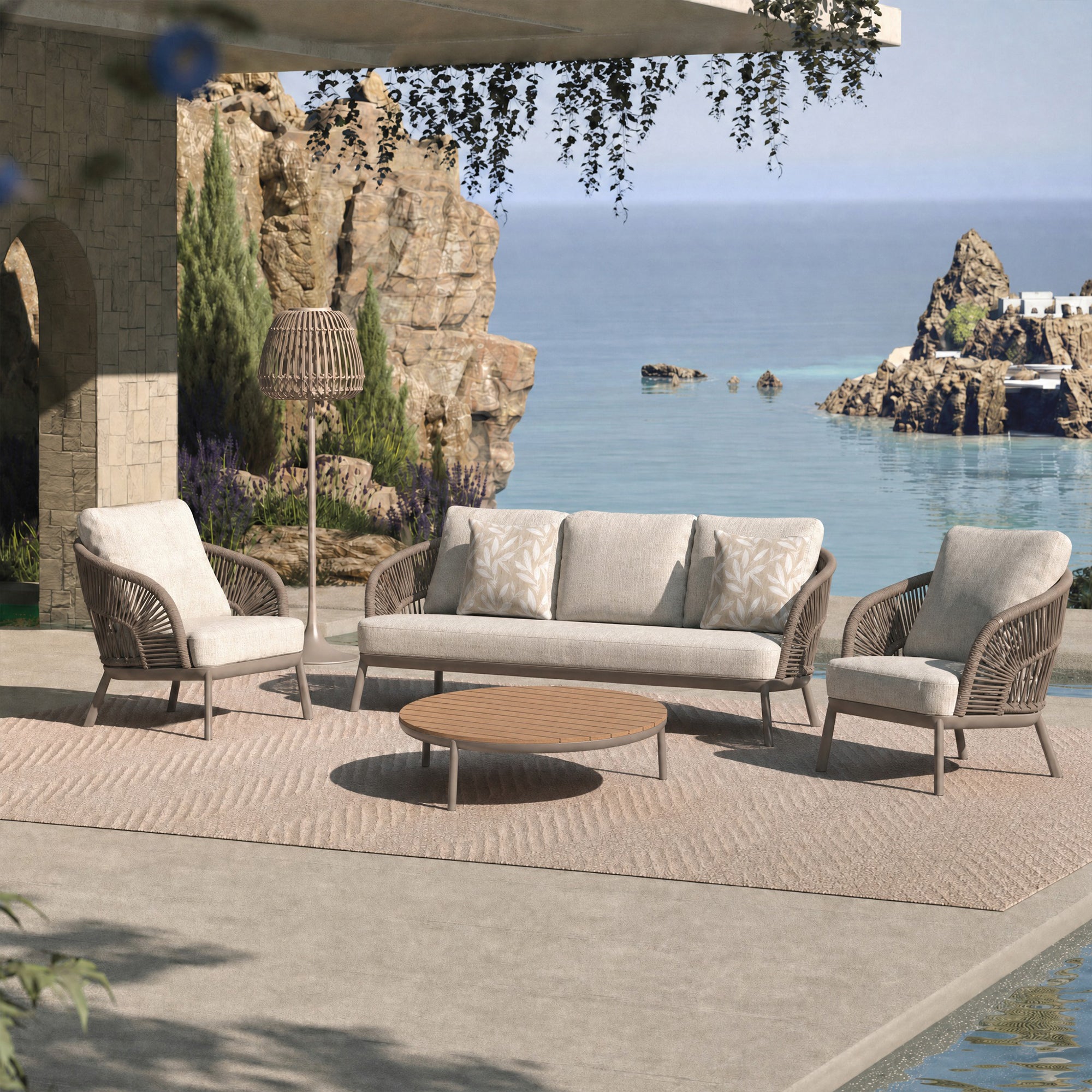Mauritius - 3 Seat Garden Sofa Set, Champagne Aluminium & Rope Weave Effect