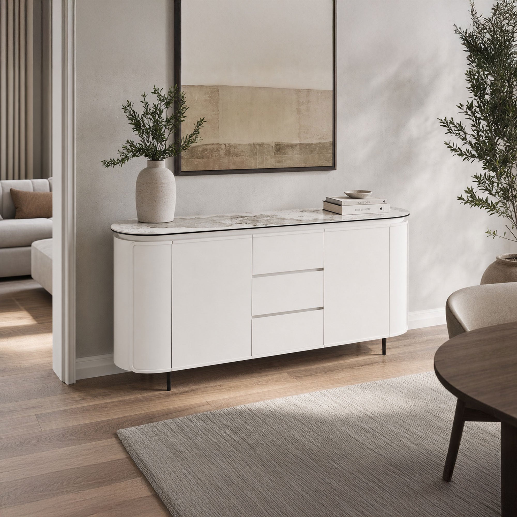 Tropez - 4 Door Sideboard with Drawers In Ivory Lacquer With Calcatta Ceramic Top