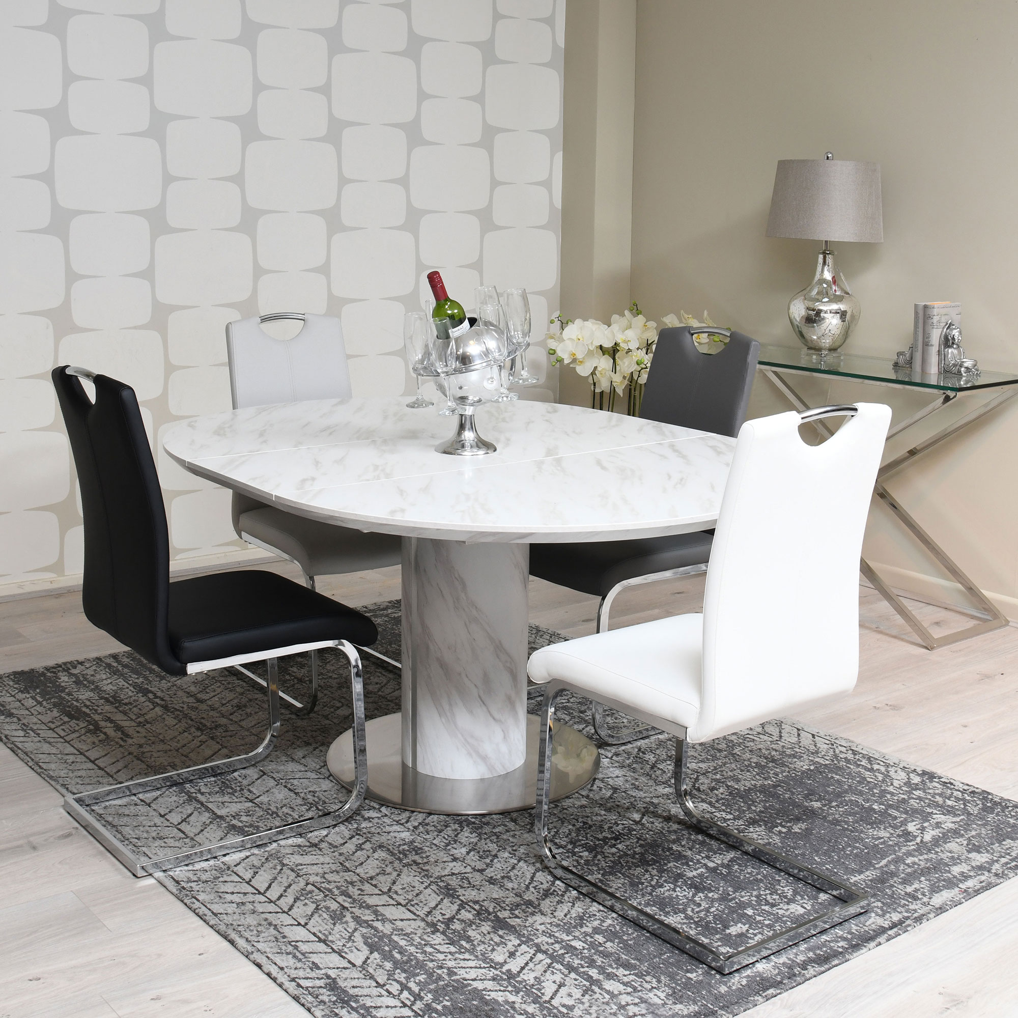 Arbor - 120cm Round Extending Dining Table White Marble Effect Top