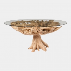 Dining Table In Tempered Glass & Solid Teak Root Base - Java