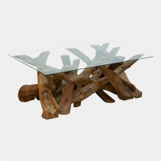 Twiggy - Coffee Table In Tempered Glass & Natural Teak Tree Root