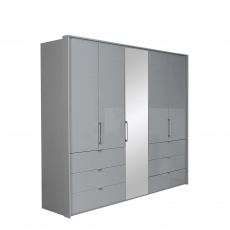 5J59 254cm 5 Door/1 Mirror Door, 6 Drawer Wardrobe In A197B Silk Grey/Silk Grey Glass - Akita 