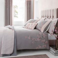 Catherine Lansfield Embroidered Blossom Grey Pink Bedding Collection