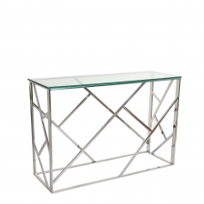 Console Table With Geometric Stainless Steel Frame & Clear Glass Top - Lona