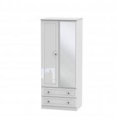 Tall 2 Drawer Mirrored Robe White High Gloss With Crystal Handles - Lincoln