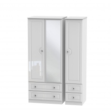 Tall Triple 2 Drawer Mirrored Robe White High Gloss With Crystal Handles - Lincoln