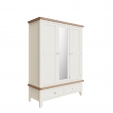 Hampshire - Large 3 Door Gents Wardrobe With Mirrored Door White Finish With Oak Top
