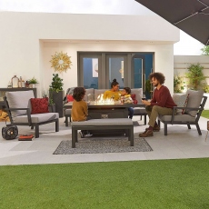 Jamaica - 3 Seat Dining Set With Firepit Table, Armchairs And Bench Footstool In Grey Aluminium