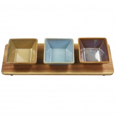 Artisan - Set of 3 Square Snack Dishes & Rectangular Wood Tray