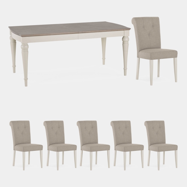 180cm Extending Table & 6 Fabric Chairs In Grey Washed Oak & Soft Grey - Chateau