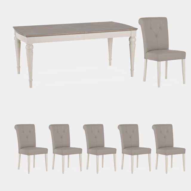 180cm Extending Table & 6 Bonded Leather Chairs In Grey Washed Oak & Soft Grey - Chateau