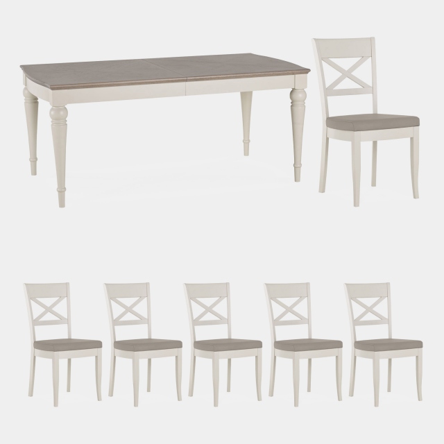 Chateau - 180cm Extending Table & 6 X Back Chairs In Grey Washed Oak & Soft Grey