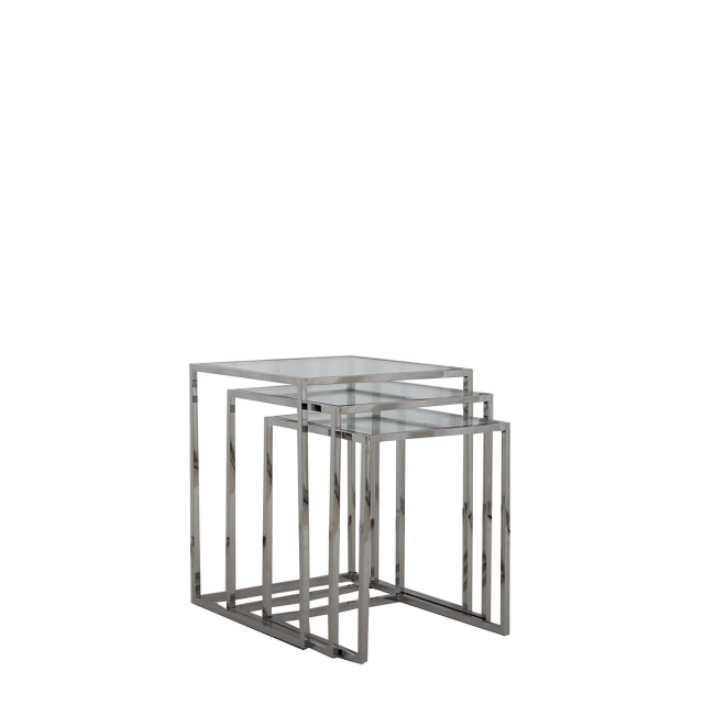 Nest Of 3 Tables In Clear Glass & Stainless Steel Frame - Trento