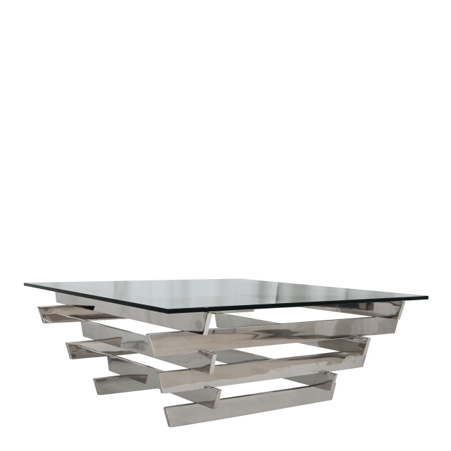 Square Coffee Table In Clear Glass & Stainless Steel Frame - Trento