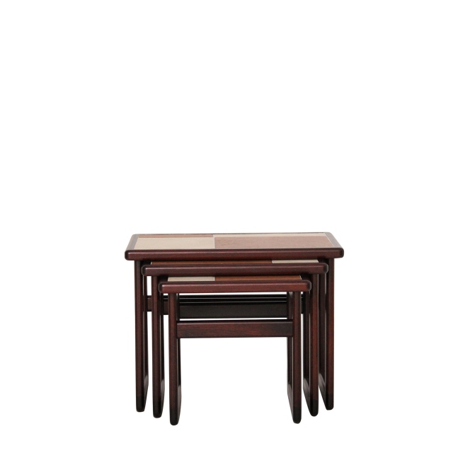 Small Nest Of 3 Tables Brick/White Tile Top In Stained Mahogany Finish - Porte