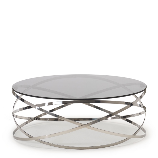 Renata Coffee Table With Grey Glass, Modern Designer Large Round Coffee Table Glass Top Stainless Steel
