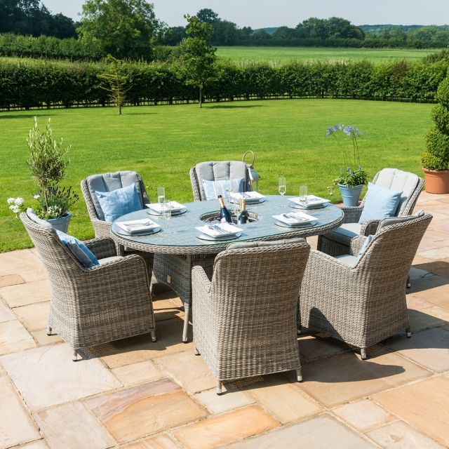 6 Seat Oval Garden Dining Set with Ice Bucket- Light Grey Rattan Plus Lazy Susan - Oyster Bay