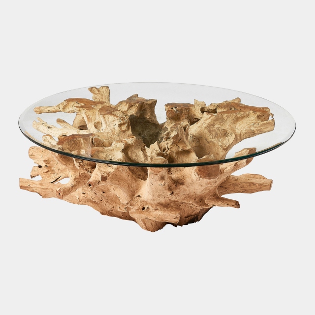 Coffee Table In Tempered Glass & Solid Teak Root Base - Java
