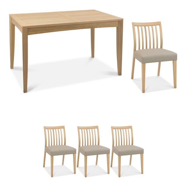 130cm Extending Dining Table In Oak Finish & 4 Low Slat Back Chairs In Grey Bonded Leather - Bremen
