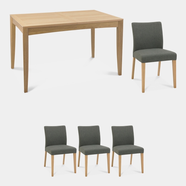 130cm Extending Dining Table In Oak Finish & 4 Upholstered Chairs In Black Gold Fabric - Bremen