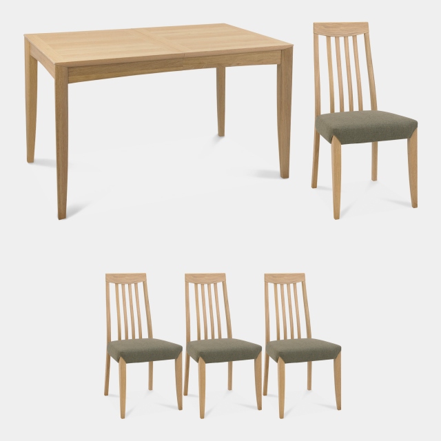 130cm Extending Dining Table In Oak Finish & 4 Slat Back Chairs In Black Gold Fabric - Bremen