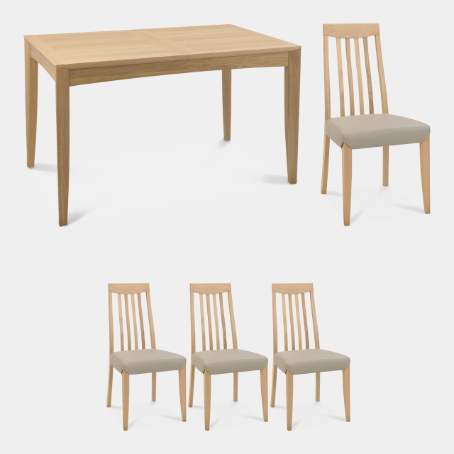 Bremen - 130cm Extending Dining Table In Oak Finish & 4 Slat Back Chairs In Grey Bonded Leather