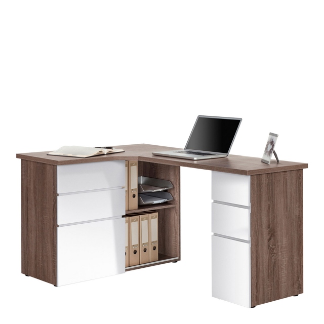Alpha - Corner Computer Desk In Truffle Oak With White High Gloss