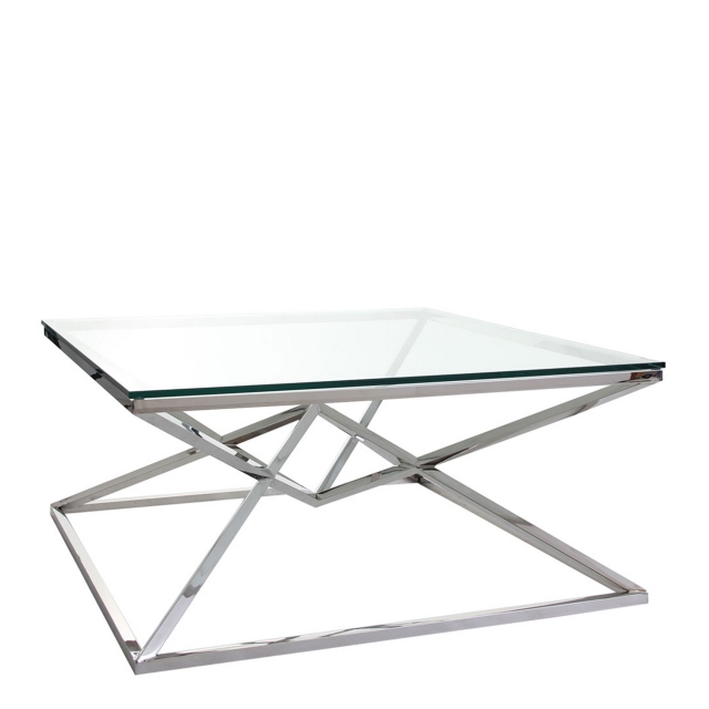Coffee Table In Clear Glass & Stainless Steel Frame - Rhombus