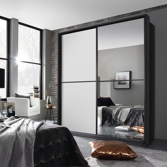 181cm 1 Mirror Sliding Door Wardrobe A860D Metalic Grey Carcase White Glass Horizontal Trim - Ottawa