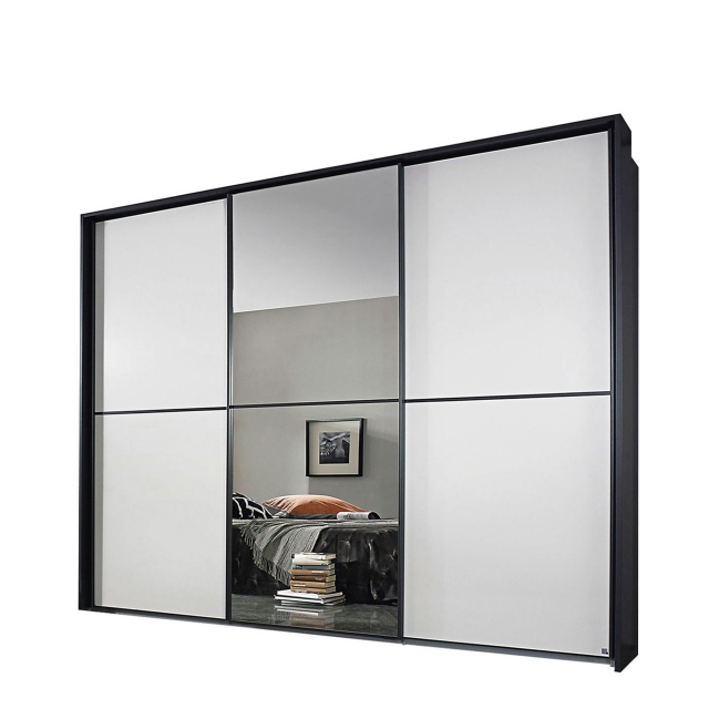 271cm 1 Mirror Sliding Door Wardrobe A860D Metalic Grey Carcase White Glass Horizontal Trim - Ottawa