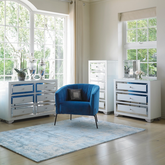 6 Drawer Wide Chest Mirrored Silver & White - Bianca