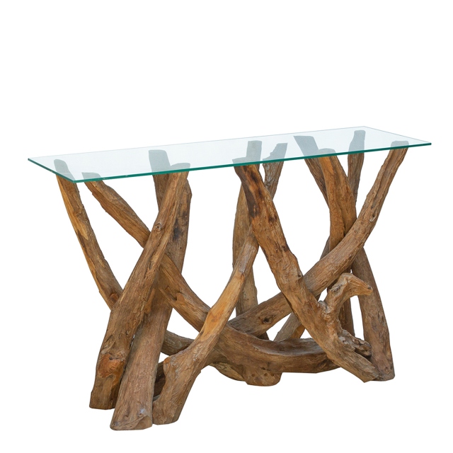 Console Table In Tempered Glass & Natural Teak Tree Root - Twiggy