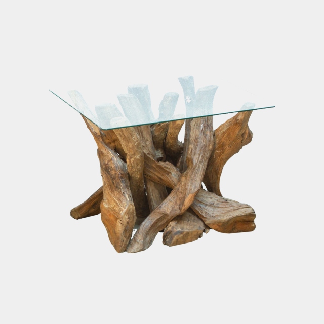 Square Coffee Table In Tempered Glass & Natural Teak Tree Root - Twiggy