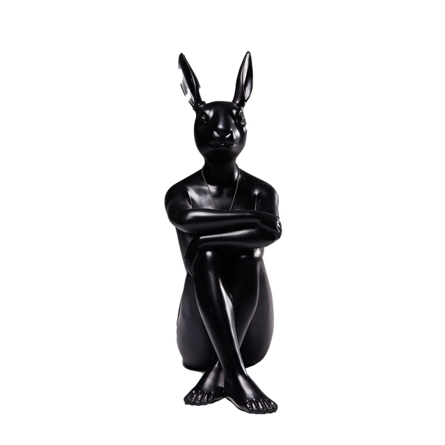 High Gloss Black Sculpture - Rabbit Figure Arms Folded