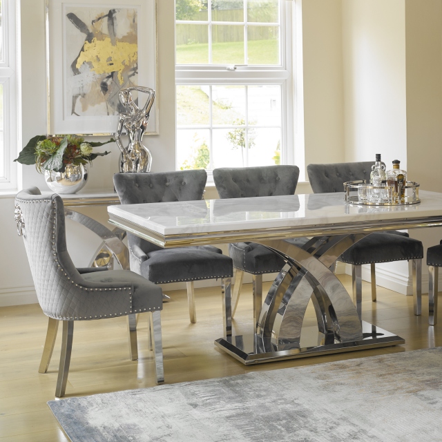 200cm Dining Table In Bone White & 6 Corinthia Chairs Grey - Caesar