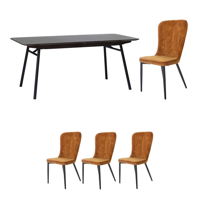 180cm Extendable Dining Table & 4 Chairs In Amber Velvet - Lima
