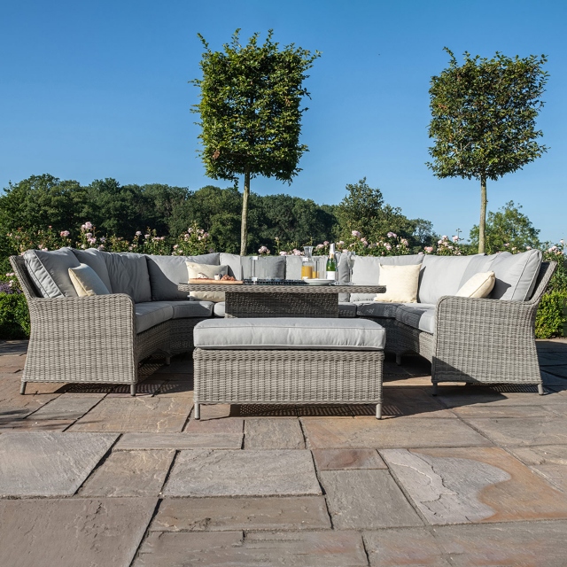 Royal U Shaped Sofa Set With Fire Pit Table - Light Grey Rattan - Oyster Bay