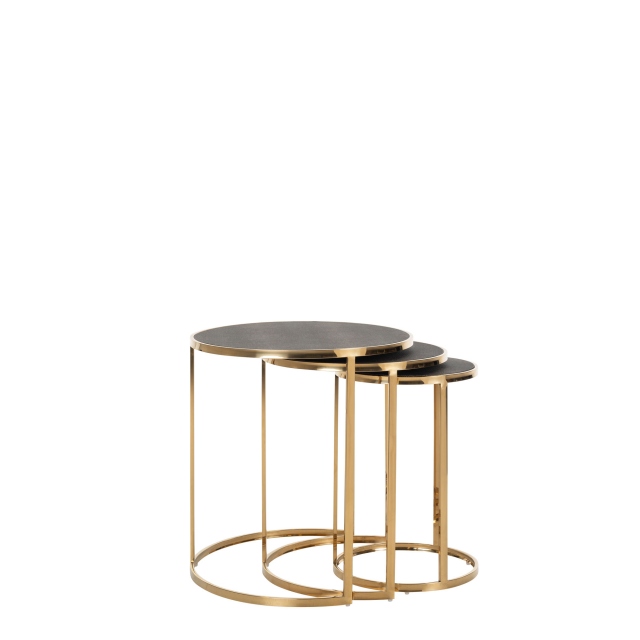 Ø Nest Of 3 Tables In Shagreen PU Leather With Gold Metal Frame - Paradis