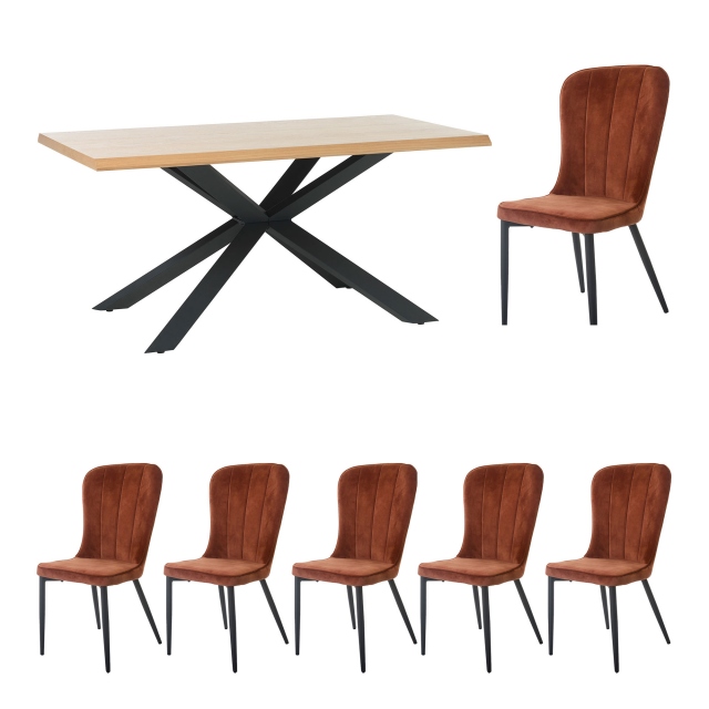 200cm Dining Table With 6 Mala Chairs In Rust Velvet - Holmwood