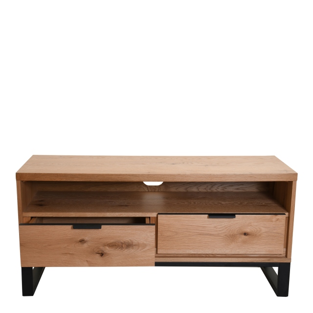 Small 2 Section TV Unit In Natural Brushed Oak & Black Legs - Holmwood