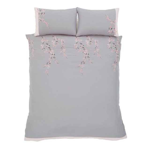 Catherine Lansfield Embroidered Blossom Grey Pink Bedding Collection