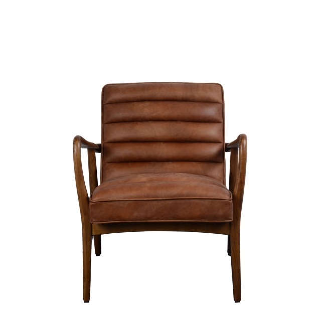 Chair In Brown Leather With Wood Frame - Blake
