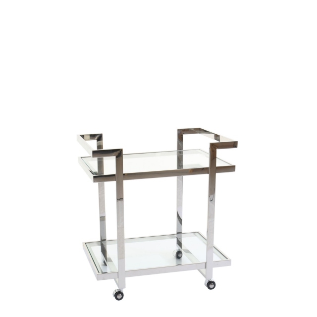 Trolley Table With Clear Glass Top & Polished Stainless Steel Frame - Trento