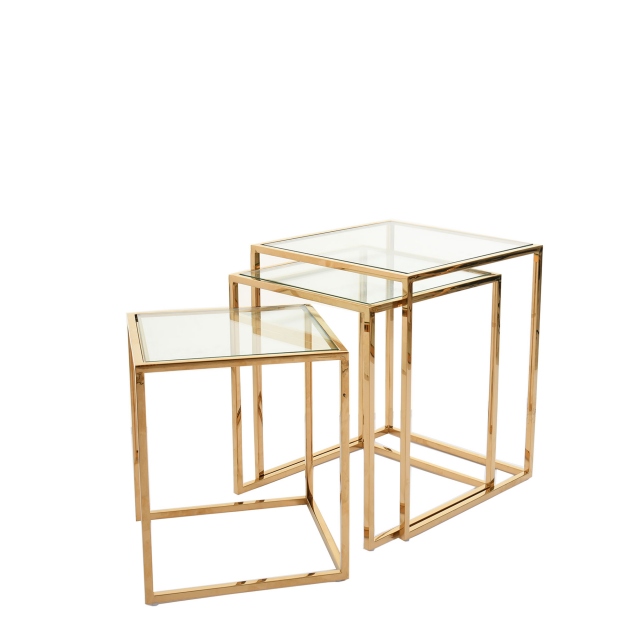 Nest Of 3 Tables With Clear Glass Top & Gold Steel Frame - Auric