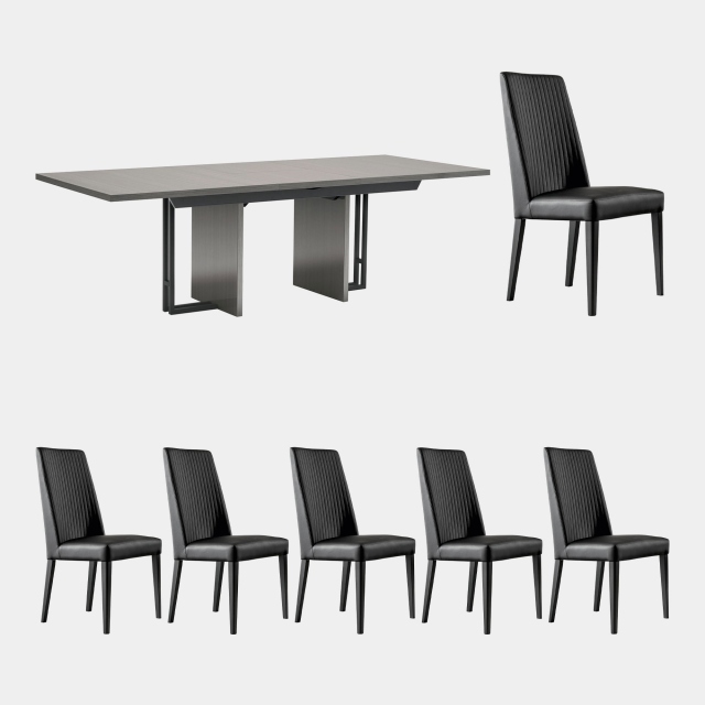 196cm Ext. Dining Table In High Gloss Silverwood With 6 Chair In Black Ecoleather - Savona