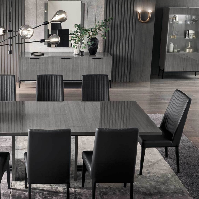 196cm Ext. Dining Table In High Gloss Silverwood With 6 Chair In Black Ecoleather - Savona