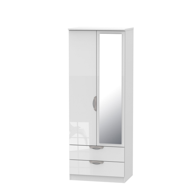 Tall 2 Drawer Mirror Robe White High Gloss Fronts And Base - Stanford