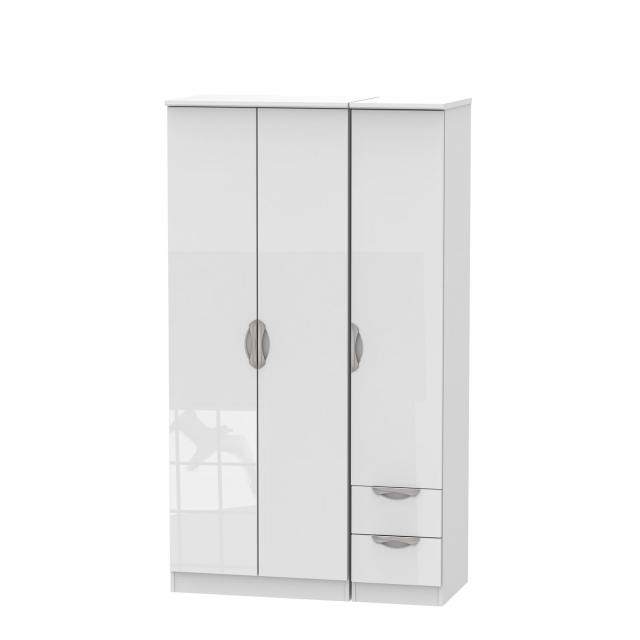 Tall Triple Plain + Drawer Robe White High Gloss Fronts And Base - Stanford