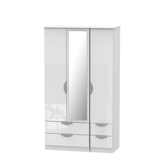 Tall Triple 2+2 Drawer Mirror Robe White High Gloss Fronts And Base - Stanford