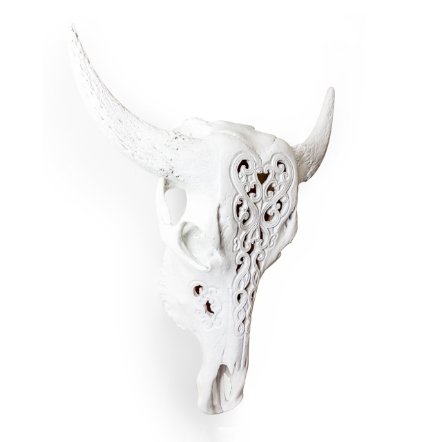 Large White Carved Bison Wall Head